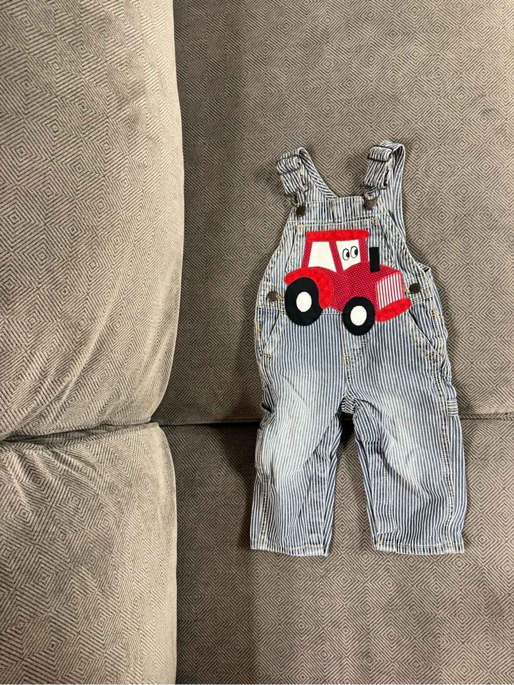 Oshkosh Striped Denim Baby Overalls with Red Tractor Applique